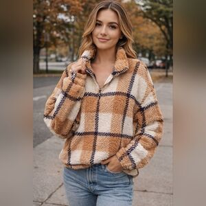 Cozy Plaid Teddy Jacket - Brown and Cream